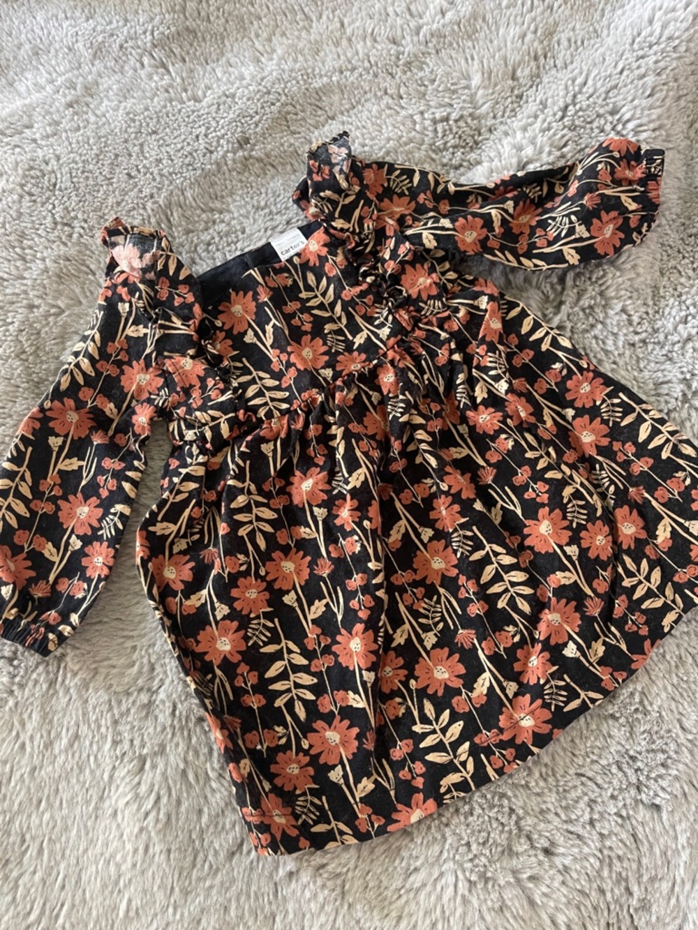 🌈 Carter’s Baby Girl Floral Ruffle Shoulder Dress Sz 9M Black with Rust Flowers